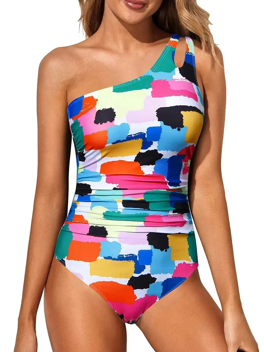 Leopard Swimsuit Women One Piece One Shoulder Swimwear Jungle Line