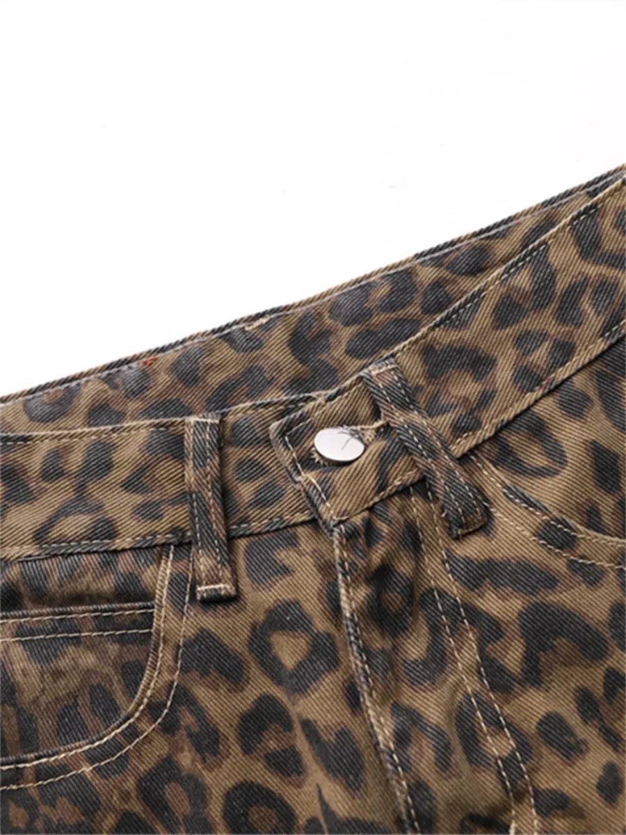 Leopard Print Jeans for Women High Waisted Y2k Retro Fashion Streetwear Denim Pants Hip Hop Straight Wide Leg Baggy Jeans - Jungle Line