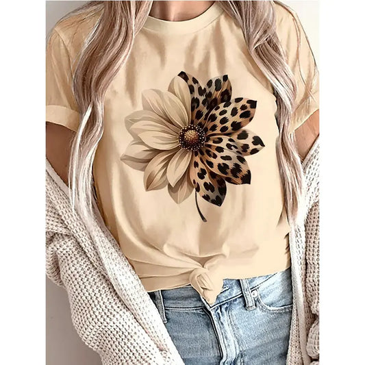Women's Leopard Floral Design Print  Casual Crew Neck Tee Tops T-shirt All Seasons Short Sleeve T Shirt Women Y2k Tshirt Clothes - Jungle Line