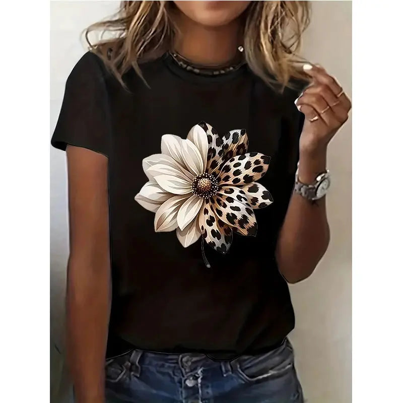 Women's Leopard Floral Design Print  Casual Crew Neck Tee Tops T-shirt All Seasons Short Sleeve T Shirt Women Y2k Tshirt Clothes - Jungle Line