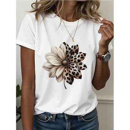 Women's Leopard Floral Design Print  Casual Crew Neck Tee Tops T-shirt All Seasons Short Sleeve T Shirt Women Y2k Tshirt Clothes - Jungle Line