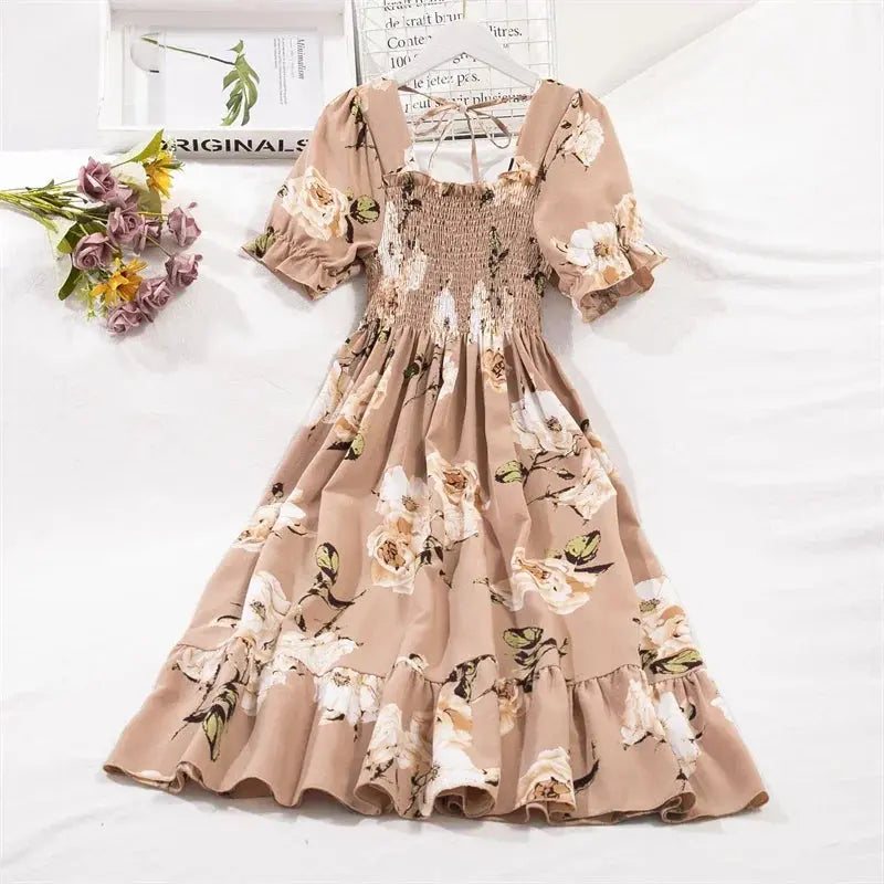 Spring Summer Chiffon Dresses Fashion Female Elastic Waist Short Sleeve Pleated Casual Dress Women A-line Dresses Vestidos - Jungle Line