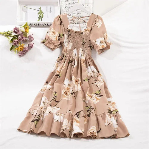 Spring Summer Chiffon Dresses Fashion Female Elastic Waist Short Sleeve Pleated Casual Dress Women A-line Dresses Vestidos - Jungle Line