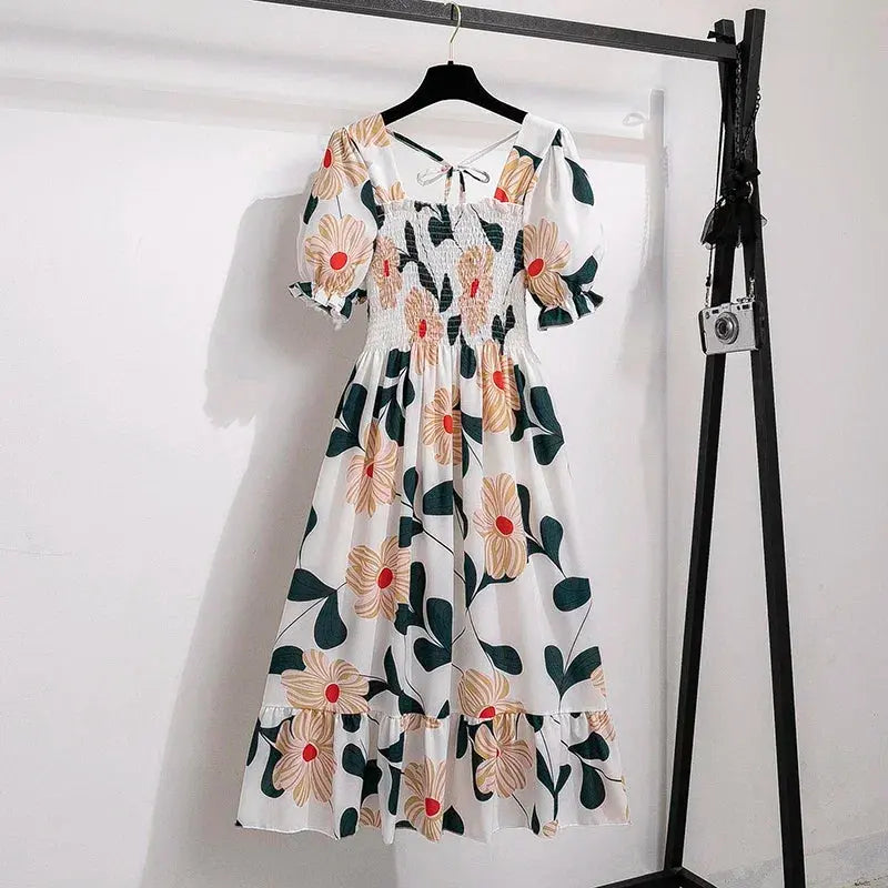 Spring Summer Chiffon Dresses Fashion Female Elastic Waist Short Sleeve Pleated Casual Dress Women A-line Dresses Vestidos - Jungle Line