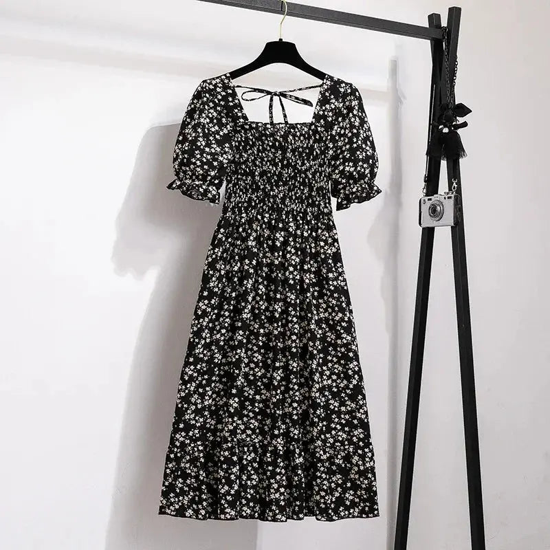 Spring Summer Chiffon Dresses Fashion Female Elastic Waist Short Sleeve Pleated Casual Dress Women A-line Dresses Vestidos - Jungle Line