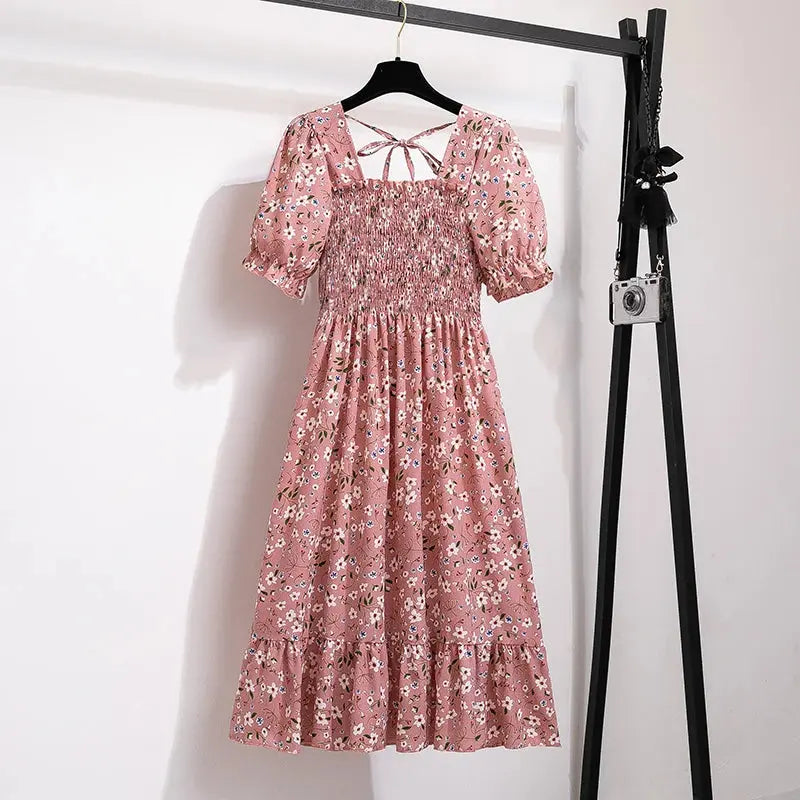 Spring Summer Chiffon Dresses Fashion Female Elastic Waist Short Sleeve Pleated Casual Dress Women A-line Dresses Vestidos - Jungle Line