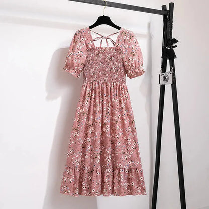 Spring Summer Chiffon Dresses Fashion Female Elastic Waist Short Sleeve Pleated Casual Dress Women A-line Dresses Vestidos - Jungle Line