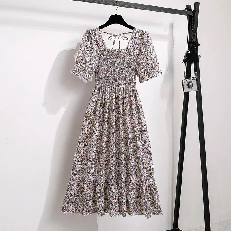 Spring Summer Chiffon Dresses Fashion Female Elastic Waist Short Sleeve Pleated Casual Dress Women A-line Dresses Vestidos - Jungle Line