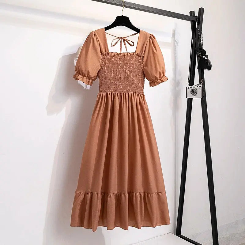 Spring Summer Chiffon Dresses Fashion Female Elastic Waist Short Sleeve Pleated Casual Dress Women A-line Dresses Vestidos - Jungle Line