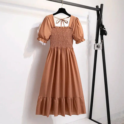 Spring Summer Chiffon Dresses Fashion Female Elastic Waist Short Sleeve Pleated Casual Dress Women A-line Dresses Vestidos - Jungle Line