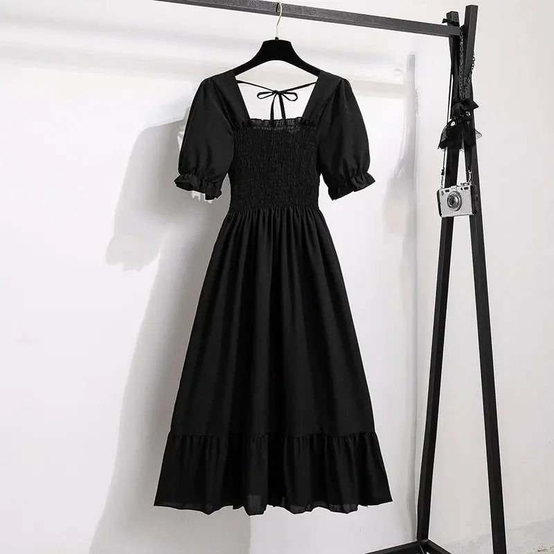 Spring Summer Chiffon Dresses Fashion Female Elastic Waist Short Sleeve Pleated Casual Dress Women A-line Dresses Vestidos - Jungle Line