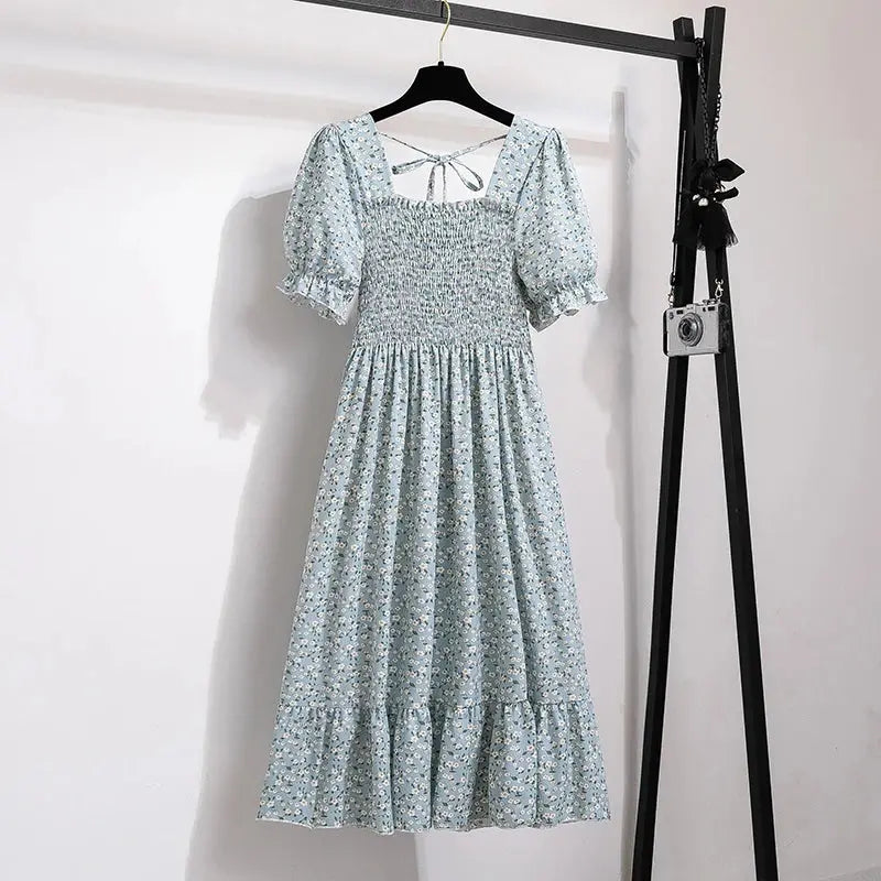 Spring Summer Chiffon Dresses Fashion Female Elastic Waist Short Sleeve Pleated Casual Dress Women A-line Dresses Vestidos - Jungle Line