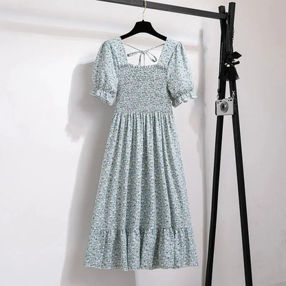 Spring Summer Chiffon Dresses Fashion Female Elastic Waist Short Sleeve Pleated Casual Dress Women A-line Dresses Vestidos - Jungle Line