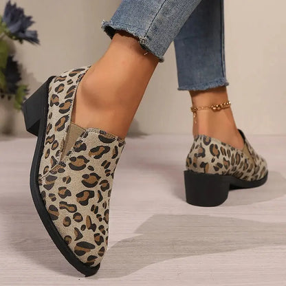 Mocassins rétro en daim léopard Jungle Line pour femmes, talon épais, confortables, légers et décontractés pour la marche et le printemps.