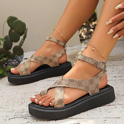 Sandales femmes Jungle Line en kaki, chaussures plates décontractées pour l'été, parfaites pour un style confortable et tendance.