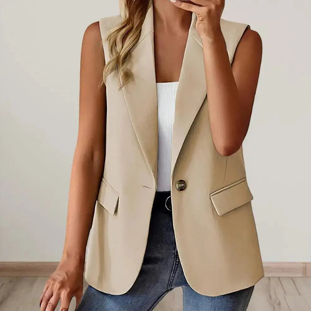 Women Summer Waistcoat Sleeveless Business Vest Coat Solid Color Lapel Pockets Single Button Straight Formal Style Commute Coat - Jungle Line