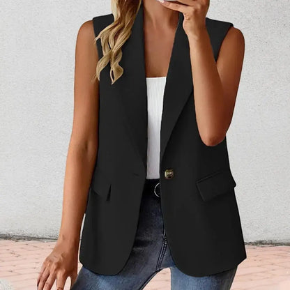 Women Summer Waistcoat Sleeveless Business Vest Coat Solid Color Lapel Pockets Single Button Straight Formal Style Commute Coat - Jungle Line