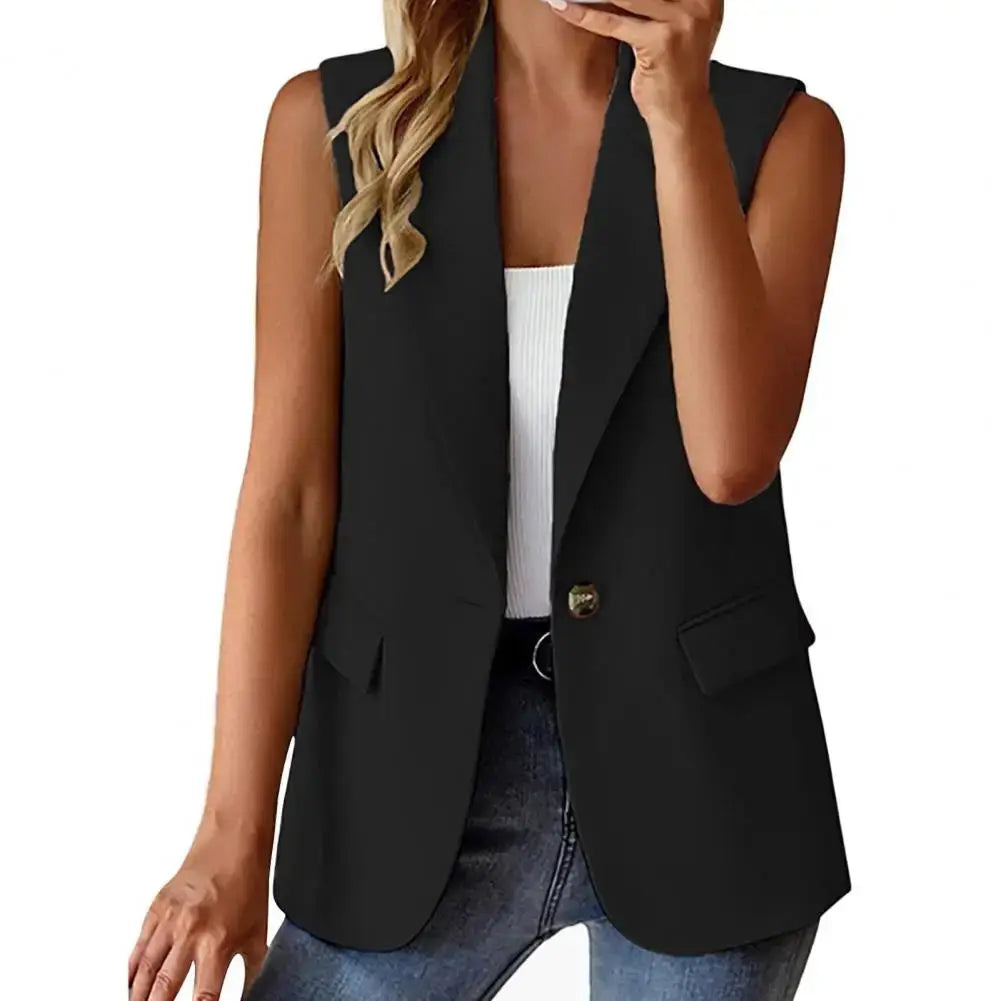 Women Summer Waistcoat Sleeveless Business Vest Coat Solid Color Lapel Pockets Single Button Straight Formal Style Commute Coat - Jungle Line