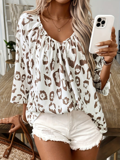 Khaki Leopard Print Deep V-Neck Seven-Sleeve Women's Shirt - Jungle Line
