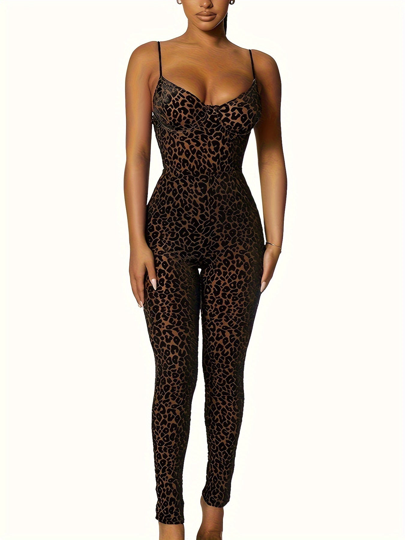 Leopard Print Cami Jumpsuit, Casual Sleeveless Slim Jumpsuit For Spring & Summer, Women's Clothing - Jungle Line