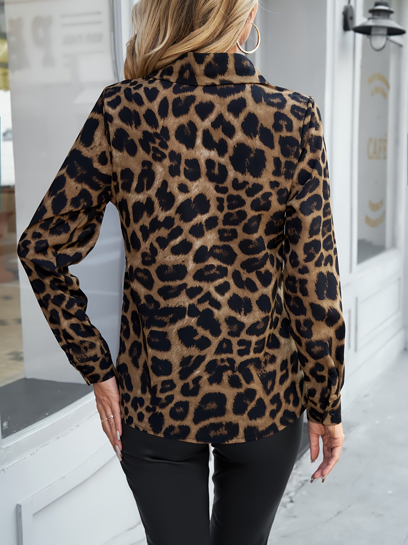 Leopard Print Polo Collar Button Shirt, Casual Long Sleeve Shirt For Spring & Fall, Women's Clothing - Jungle Line