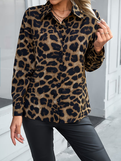 Leopard Print Polo Collar Button Shirt, Casual Long Sleeve Shirt For Spring & Fall, Women's Clothing - Jungle Line