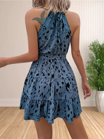 Women’s 2024 summer halter neck sundress by Jungle Line featuring sleeveless casual floral and polka dot print with boho ruffle details.