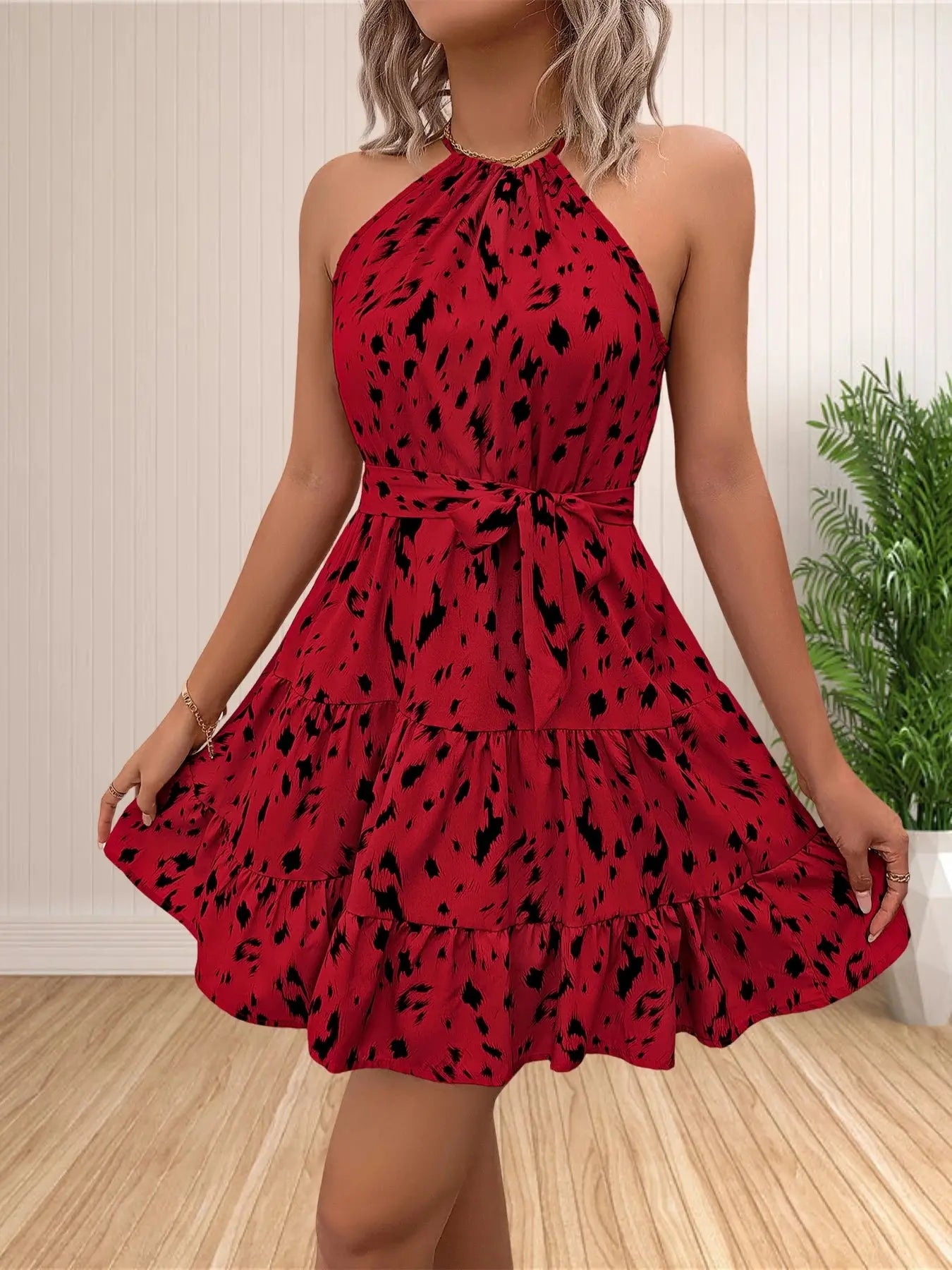 Women’s 2024 summer halter neck sundress by Jungle Line featuring sleeveless floral and polka dot print with ruffle details.