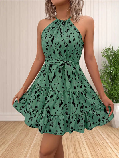 Women’s 2024 summer halter neck sundress by Jungle Line with sleeveless floral and polka dot print, short boho ruffle style.