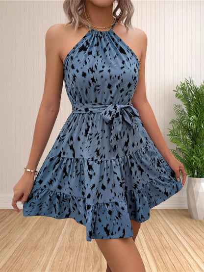 Women’s 2024 summer halter neck sundress by Jungle Line featuring sleeveless floral and polka dot print, boho ruffle design.