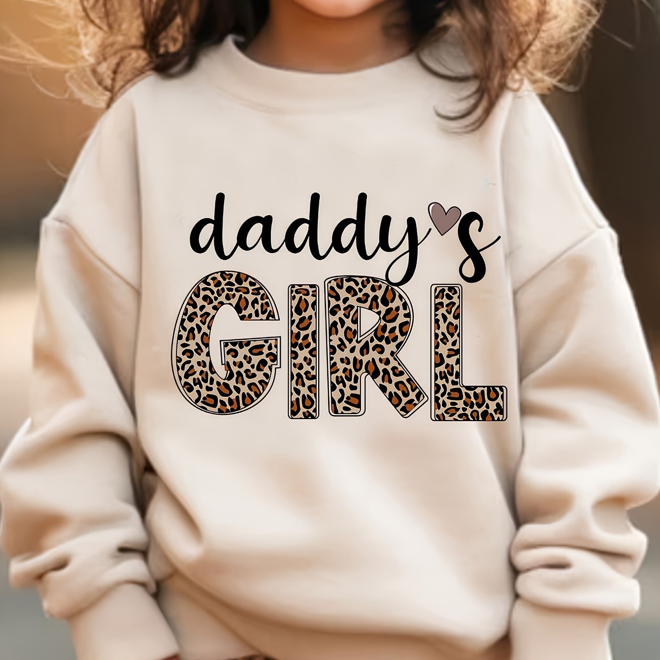 Sweatshirt pour fille Daddy'S GIRL en leopard et lettres, manches 3/4, tissu extensible, style décontracté, épais, pour toute saison.