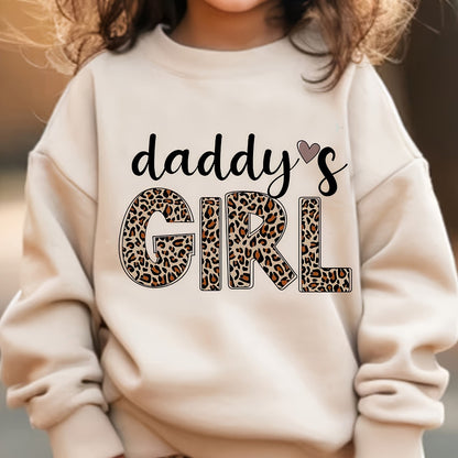 Sweatshirt pour fille Daddy'S GIRL en leopard et lettres, manches 3/4, tissu extensible, style décontracté, épais, pour toute saison.