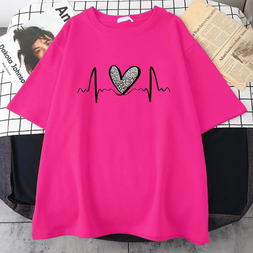 Fluctuating Leopard Heart Electrocardiogram T-Shirt Women Summer Soft Clothing Fashion Short Sleeve Plus Size Cotton Tshirts - Jungle Line