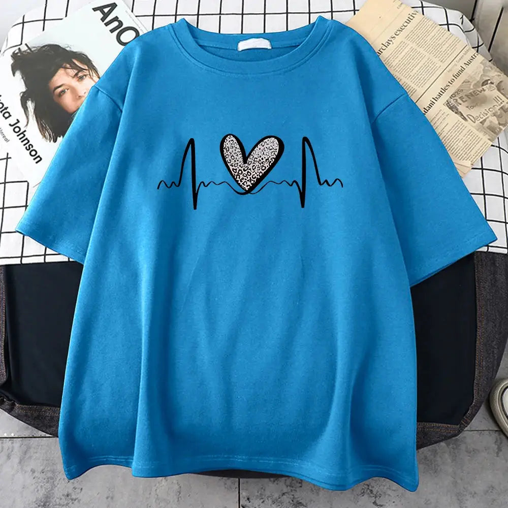 Fluctuating Leopard Heart Electrocardiogram T-Shirt Women Summer Soft Clothing Fashion Short Sleeve Plus Size Cotton Tshirts - Jungle Line