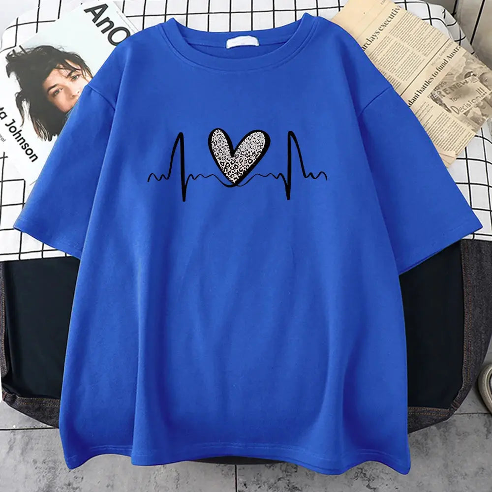 Fluctuating Leopard Heart Electrocardiogram T-Shirt Women Summer Soft Clothing Fashion Short Sleeve Plus Size Cotton Tshirts - Jungle Line