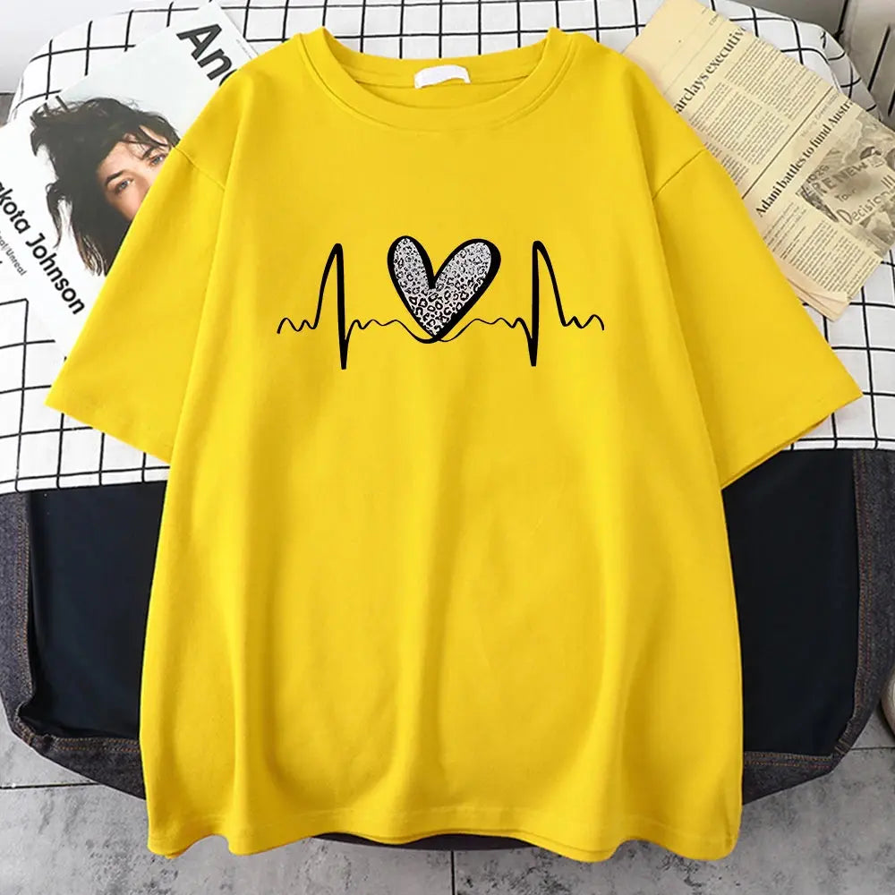 Fluctuating Leopard Heart Electrocardiogram T-Shirt Women Summer Soft Clothing Fashion Short Sleeve Plus Size Cotton Tshirts - Jungle Line