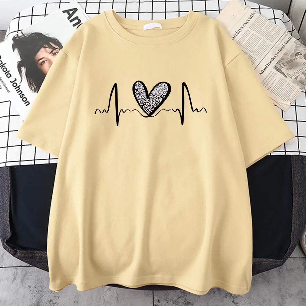 Fluctuating Leopard Heart Electrocardiogram T-Shirt Women Summer Soft Clothing Fashion Short Sleeve Plus Size Cotton Tshirts - Jungle Line
