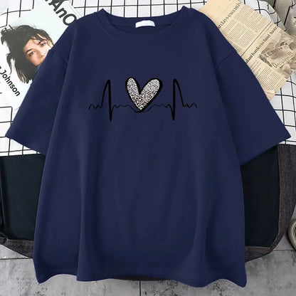 Fluctuating Leopard Heart Electrocardiogram T-Shirt Women Summer Soft Clothing Fashion Short Sleeve Plus Size Cotton Tshirts - Jungle Line