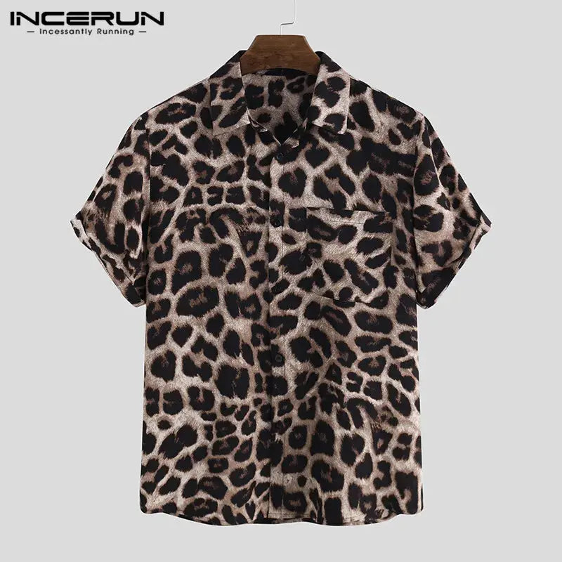 Casual Leopard Printed Men Shirt Short Sleeve Party Jungle Line