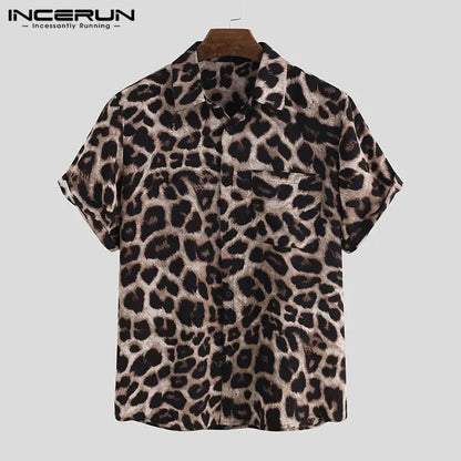 Casual Leopard Printed Men Shirt Short Sleeve Party Jungle Line