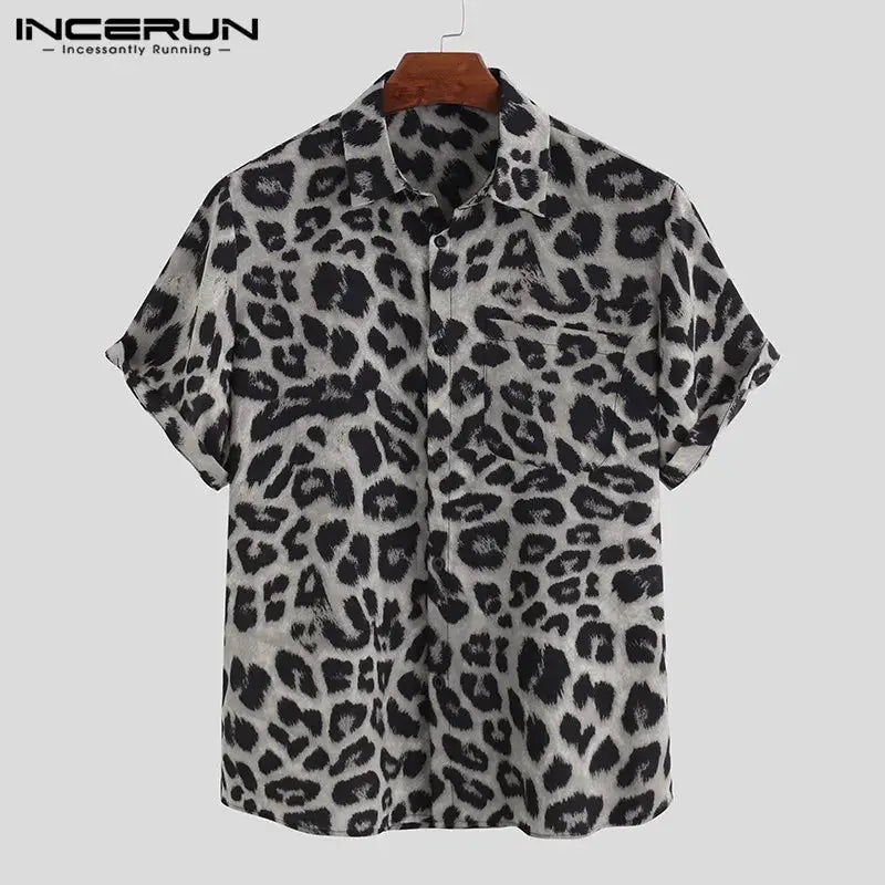 Casual Leopard Printed Men Shirt Short Sleeve Party Jungle Line