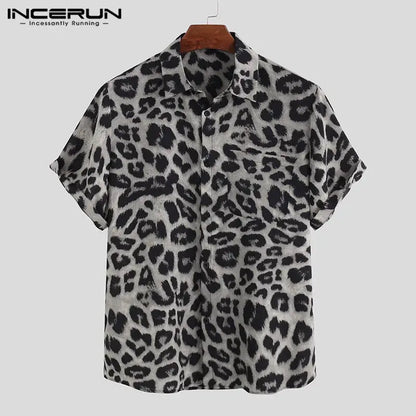 Casual Leopard Printed Men Shirt Short Sleeve Party Jungle Line