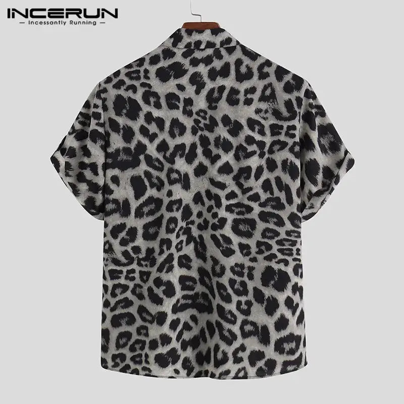 Casual Leopard Printed Men Shirt Short Sleeve Party Jungle Line