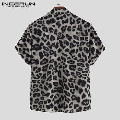 Casual Leopard Printed Men Shirt Short Sleeve Party Jungle Line