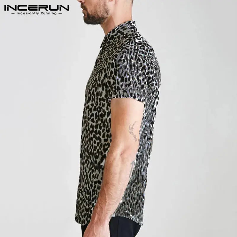 Casual Leopard Printed Men Shirt Short Sleeve Party Jungle Line