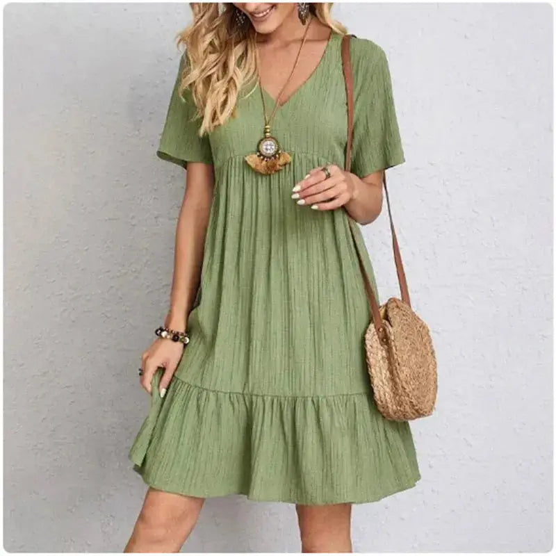 Women Summer Peplum Dresses Spring V-Neck Short Sleeve Loose Waist Ruffle Fit Flare Vocation Dresses - Jungle Line