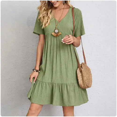 Women Summer Peplum Dresses Spring V-Neck Short Sleeve Loose Waist Ruffle Fit Flare Vocation Dresses - Jungle Line
