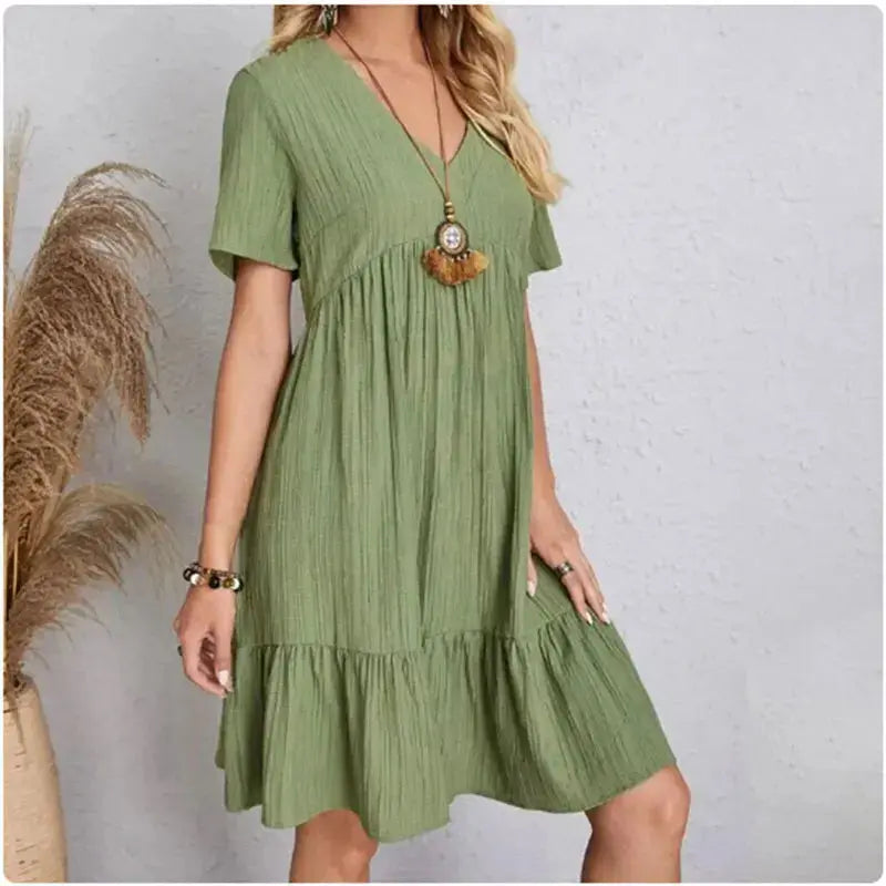 Women Summer Peplum Dresses Spring V-Neck Short Sleeve Loose Waist Ruffle Fit Flare Vocation Dresses - Jungle Line