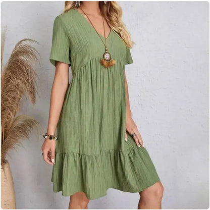 Women Summer Peplum Dresses Spring V-Neck Short Sleeve Loose Waist Ruffle Fit Flare Vocation Dresses - Jungle Line