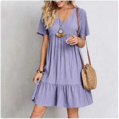 Women Summer Peplum Dresses Spring V-Neck Short Sleeve Loose Waist Ruffle Fit Flare Vocation Dresses - Jungle Line